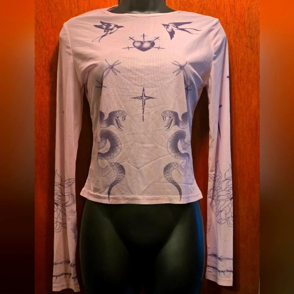 Hot Topic sheer blush Long Sleeve tattoo Top szL - Picture 1 of 7